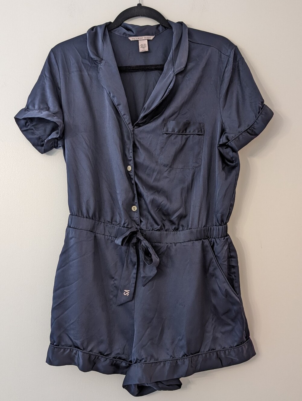 Victoria's Secret Navy Blue Satin Short Sleeve Button Front Romper Size L